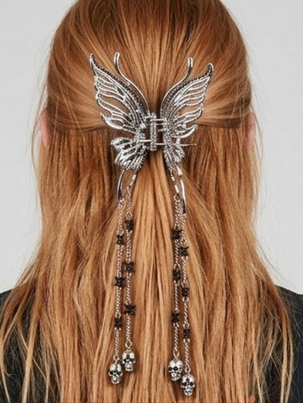 Social Collision Silver Butterfly Skull Charm Claw Hair Clip w/Crystals Details